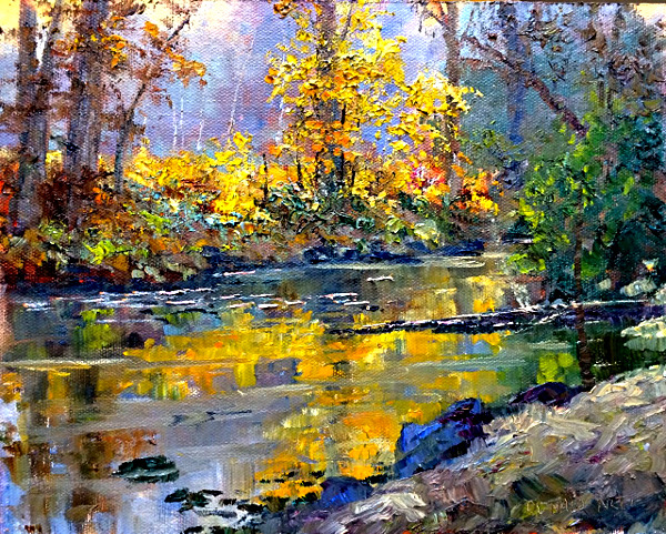 Oil painting  by Donald Neff of Coyote Creek as its waters pass under the Hellyer Avenue bridge in San Jose, California