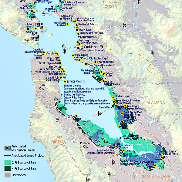 Anticipated restoration projects around the San Francisco Bay Area in February 2016. Map courtesy San Francisco Bay Restoration Authority.