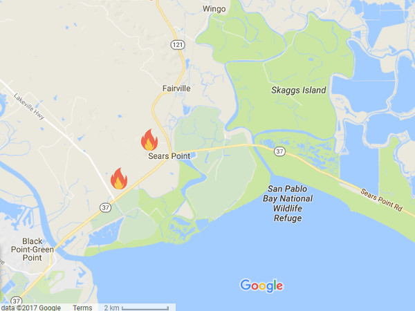 NorCal wildfires swept over parts of San Pablo Bay NWR from October 9 through 11, 2017. Credit Google Maps.
