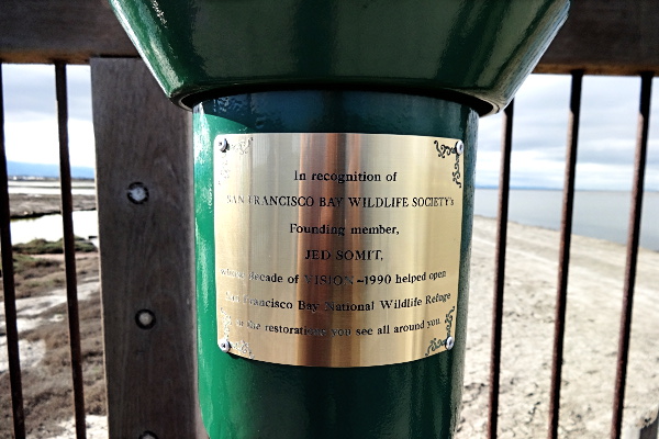 Commemorative plaque honoring the contributions of Jed Somit, a long time former member of the Board of Directors of San Francisco Bay Wildlife Society. Photo courtesy US FWS.